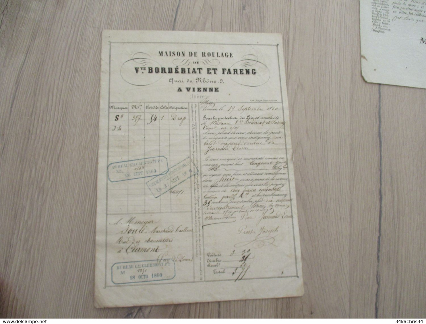 Lettre De Voiture Diligence Roulage Borderiat Fareng Vienne Pour Clermont Ferrand Drap 1860 - Transport