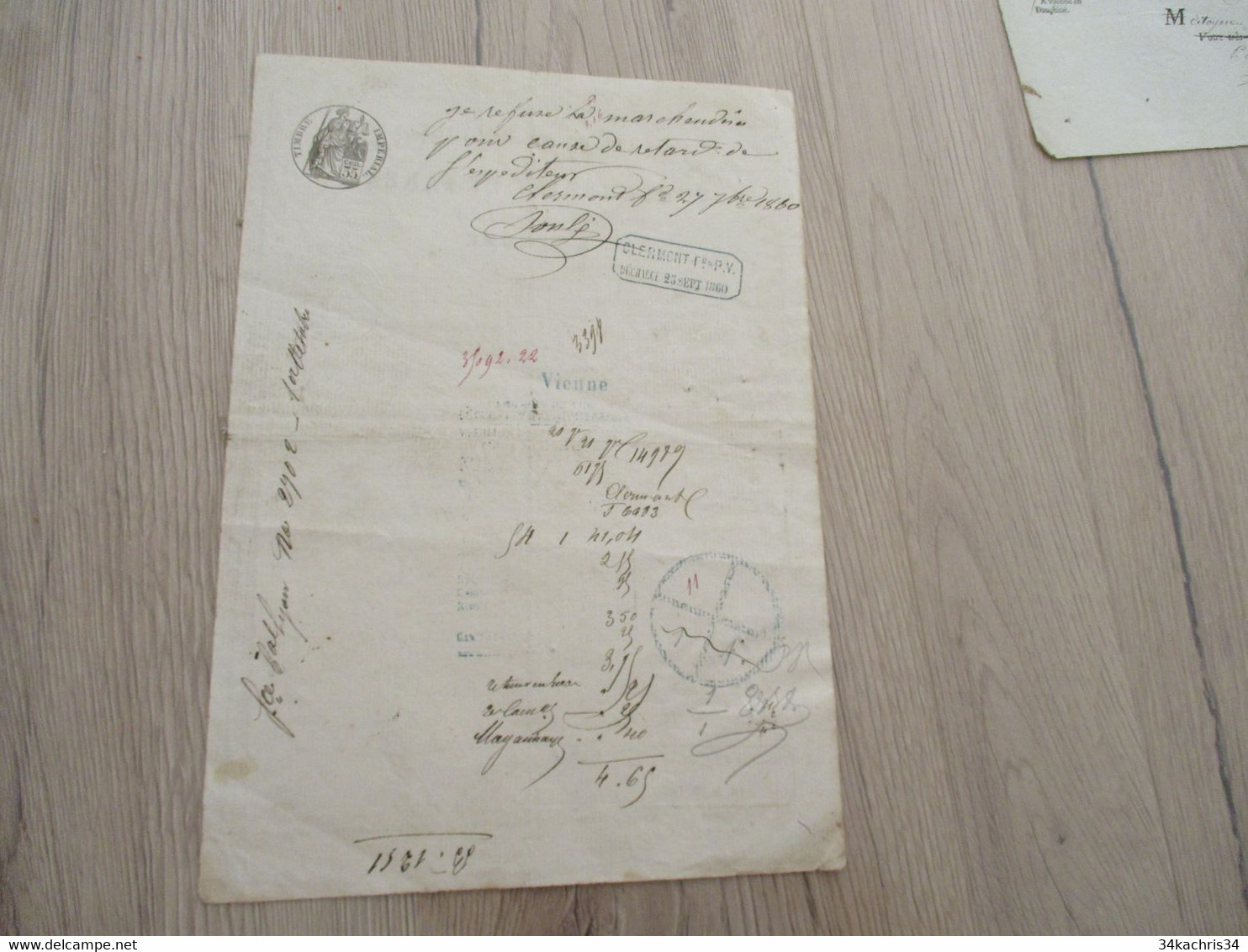 Lettre De Voiture Diligence Roulage Borderiat Fareng Vienne Pour Clermont Ferrand Drap 1860 - Transport