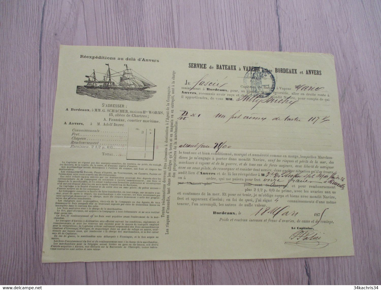 Connaissement Worms Buchel Service De Bateau à Vapeur Bordeaux à Anvers 1875 Crème De Tartre - Transportmiddelen