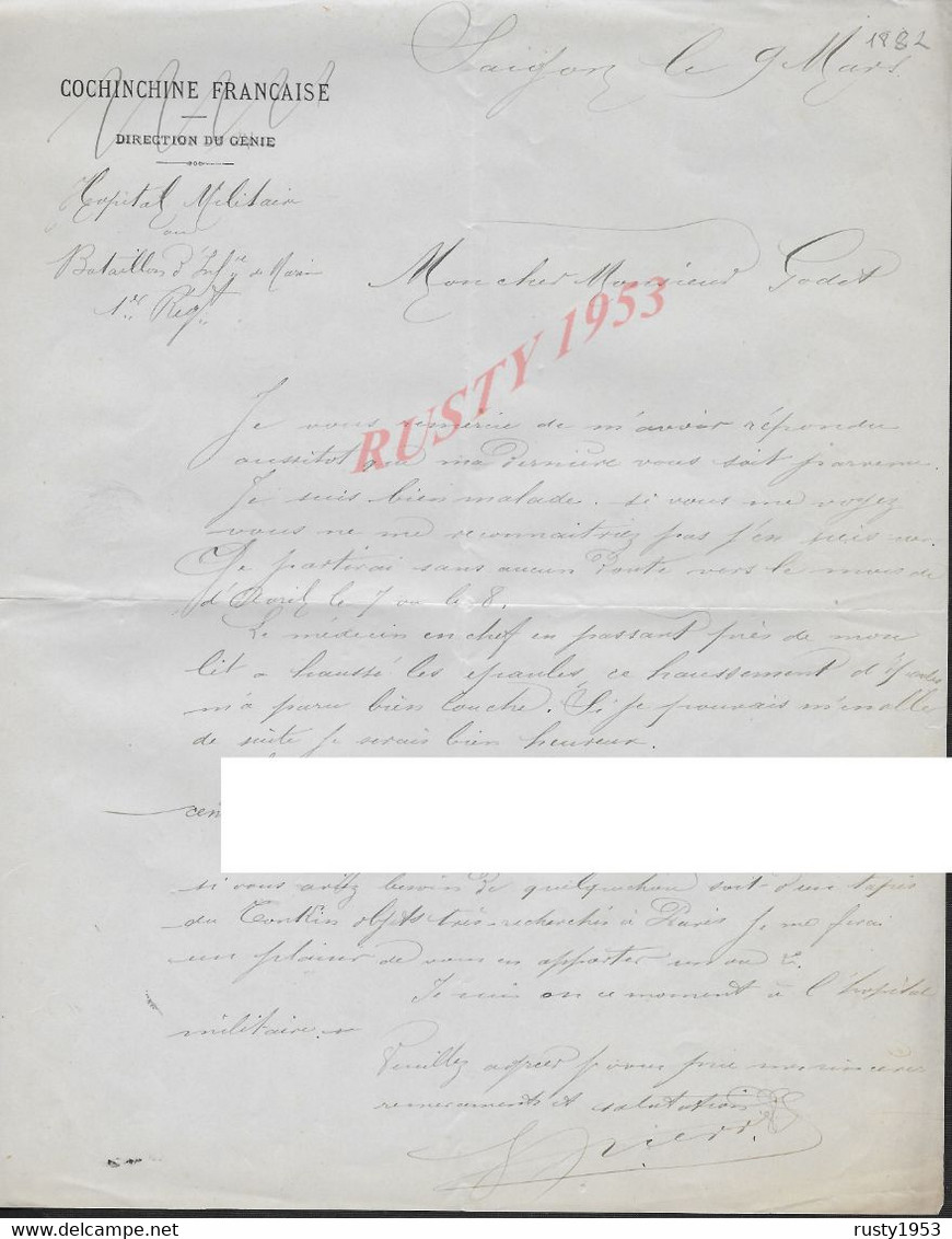 MILITARIA LETTRE DE 1882 ECRITE DE SAIGON COCHINCHINE FRANÇAISE DE PIERRE GEORGE SECRÉTAIRE AU COMMANDANT DU GENIE : - Covers & Documents