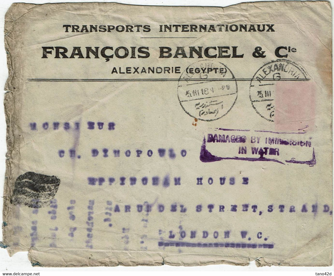 CTN38 - SALVAGED MAIL ALEXANDRIA/LONDON 25/3/1918 - NAVIRE TORPILLE EN MEDITERRANEE - DECALQUE D'UN TP AU VERSO - 1915-1921 Protectorat Britannique