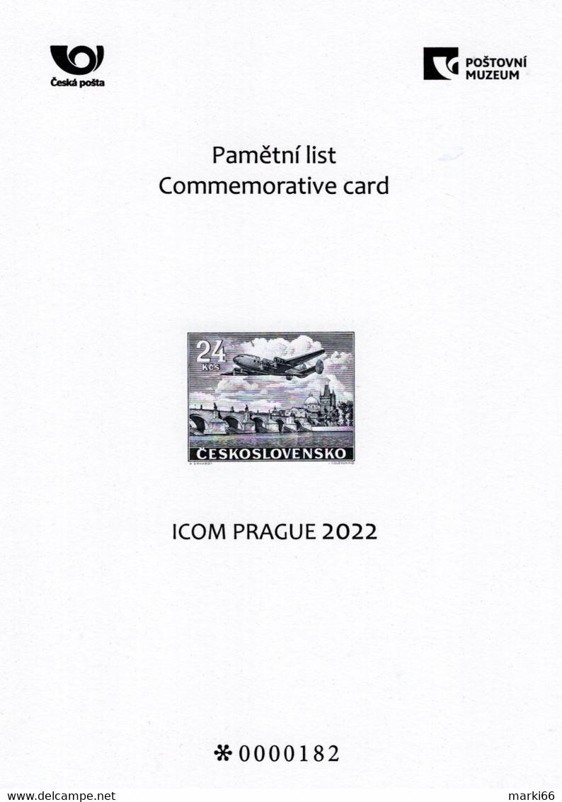 Czech Republic - 2022 - ICOM Conference In Prague - Airplane Over Charles' Bridge - Commemorative Sheet (blackprint) - Cartas & Documentos