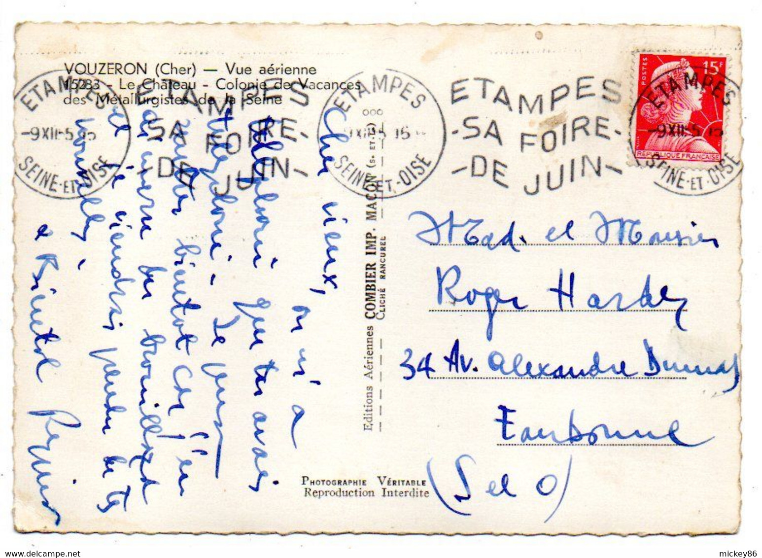 VOUZERON --1955-- Vue Aérienne--Le Chateau --Colonie De Vacances Des Métallurgistes..beau Cachet  ETAMPES-91  ( Foire) - Vouzeron