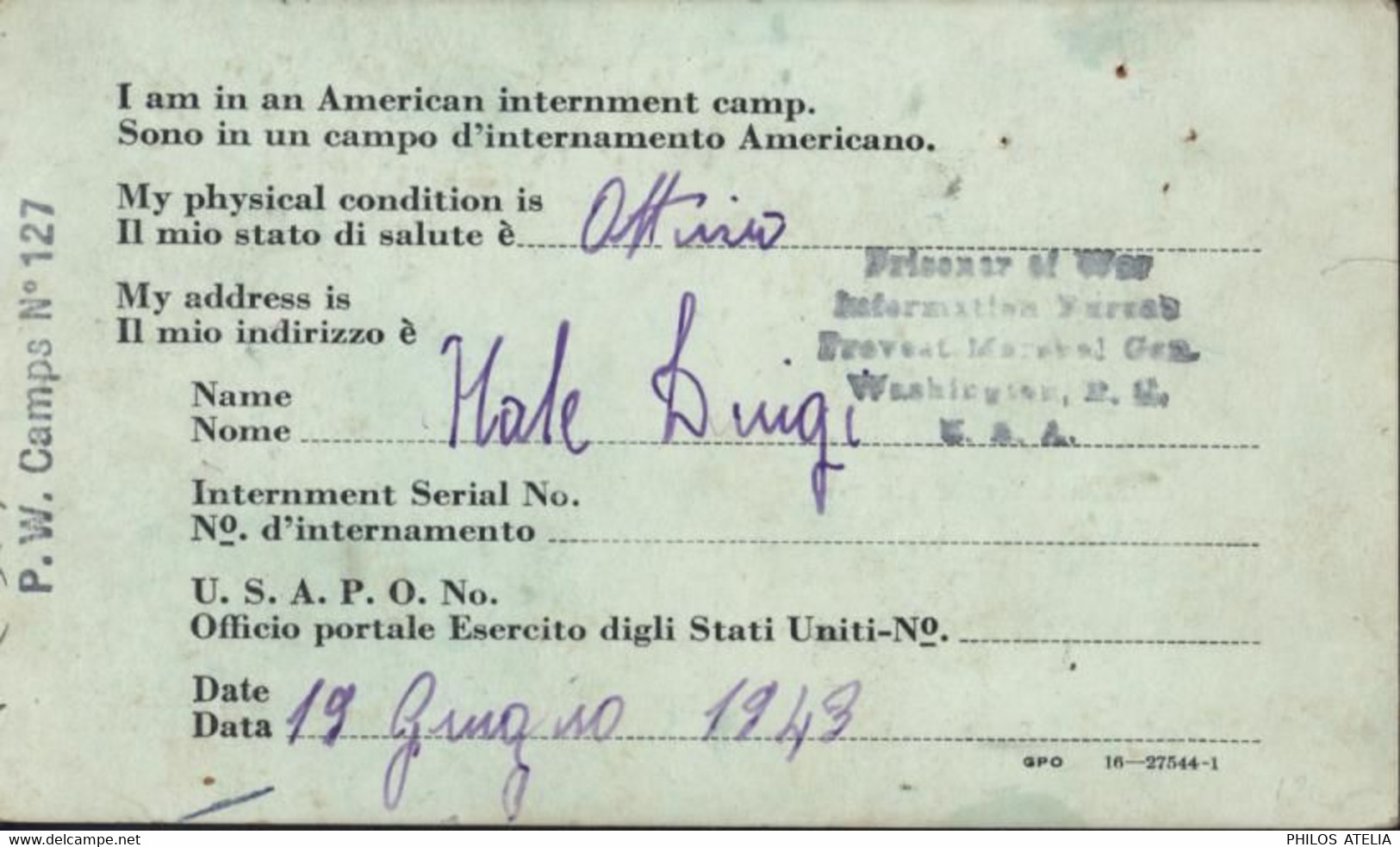 Guerre 40 Suite Débarquement En Sicile Avis Capture Soldat Italien Par Américain P.W Camps N°127 Cachet Croix Rouge Rome - Occ. Anglo-américaine: Sicile