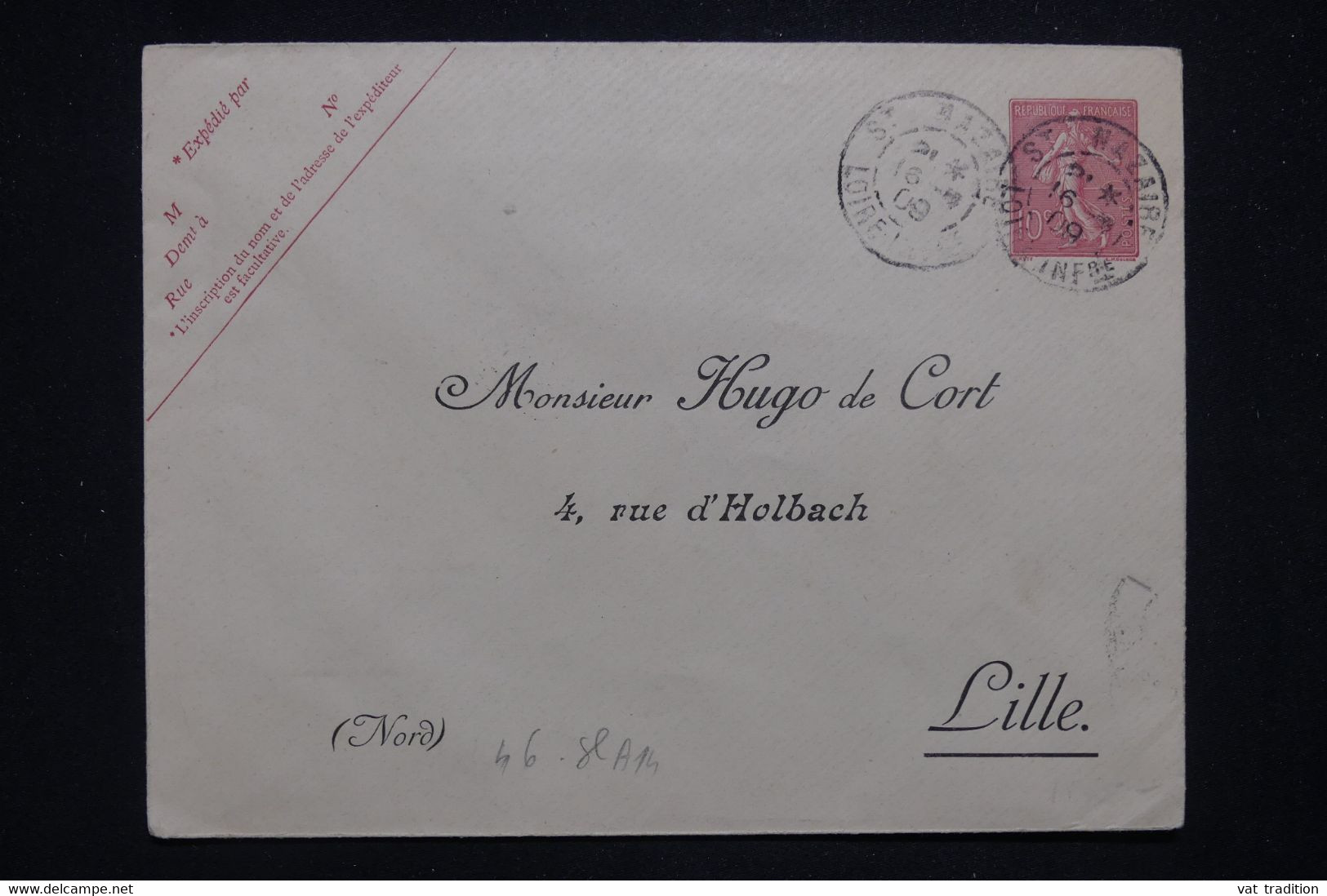 FRANCE - Entier Postal Semeuse ( Enveloppe Avec Repiquage Privé De Lille) De St Nazaire Pour Lille En 1909 - L 130012 - Umschläge Mit Aufdruck (vor 1995)