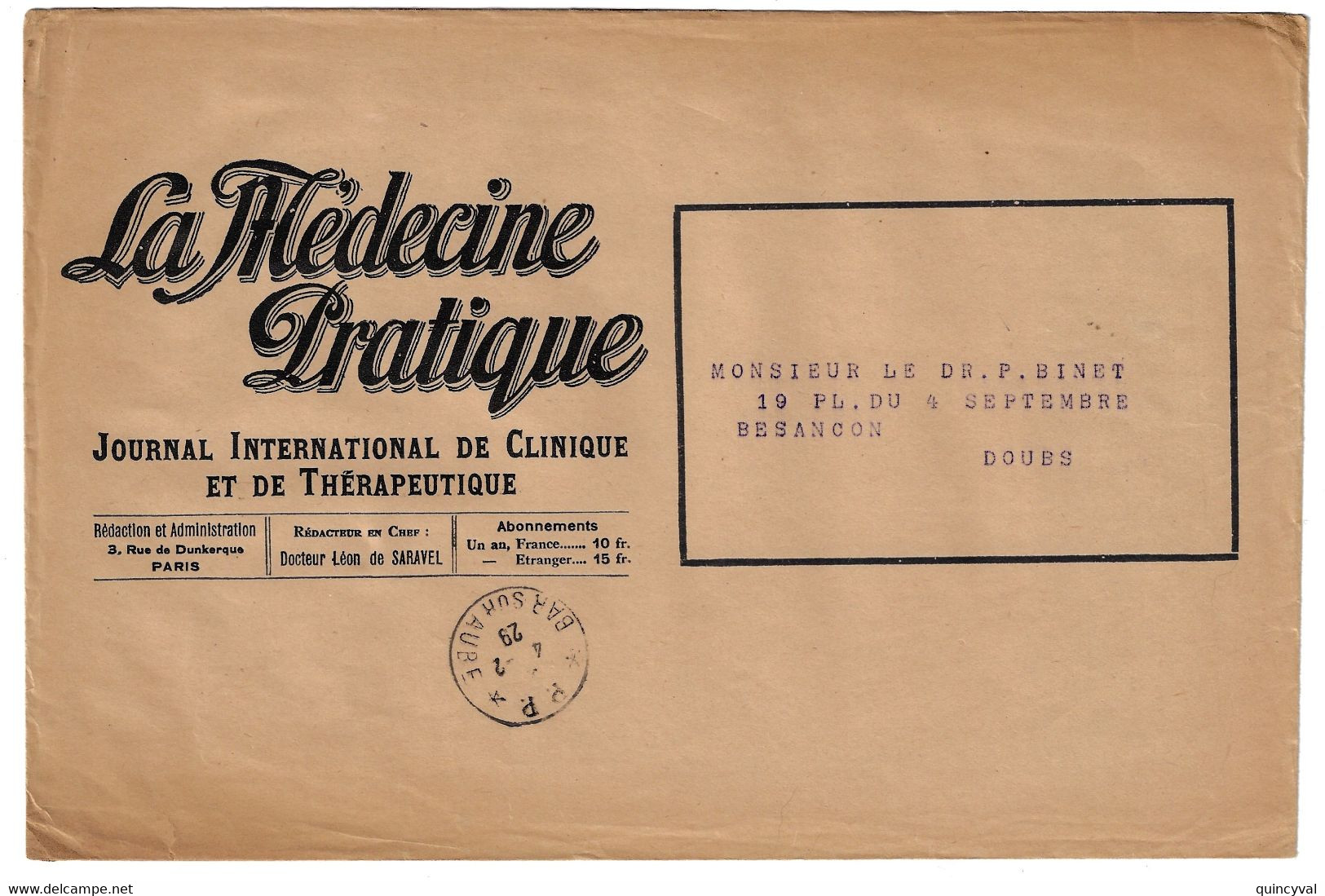 P P BAR SUR AUBE Enveloppe Vide Revue Bulletin Journal Entête La Médecine Pratique  Clinique Thérapeutique Ob 4 2 1929 - Manual Postmarks