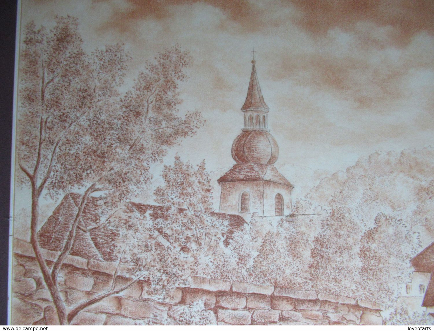 GRAND TABLEAU - VUE D'UN VILLAGE FRANÇAIS - DESSIN AU PASTEL - Pastell