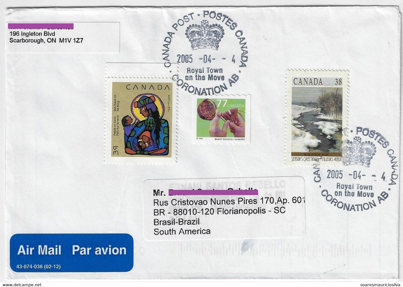 Canada 2005 Cover Coronation To Florianópolis Brazil 3 Stamp Cancel Crown Moto royal Town On The Move Electronic Sorting - Storia Postale