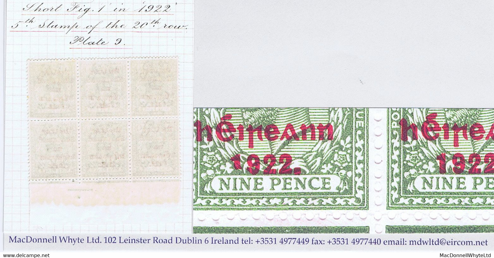 Ireland 1922 Thom Rialtas 5-line Ovpt In Red On 9d Olive-green Var "Short 1 In 1922" In Block Of 6 Fresh Mint - Neufs