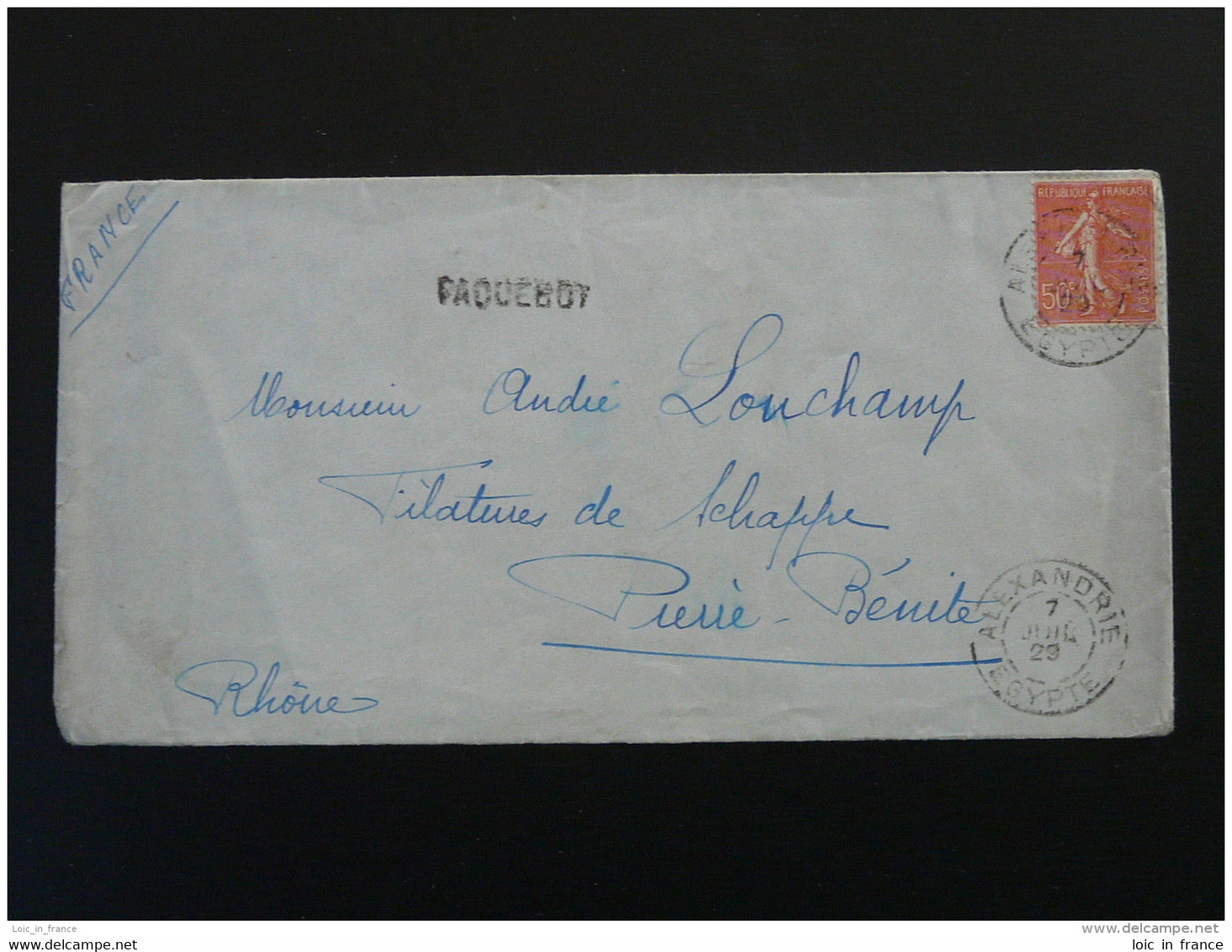 Lettre Semeuse Transportée Par Paquebot Oblit. Alexandrie Egypte Egypt 1929 - Lettres & Documents
