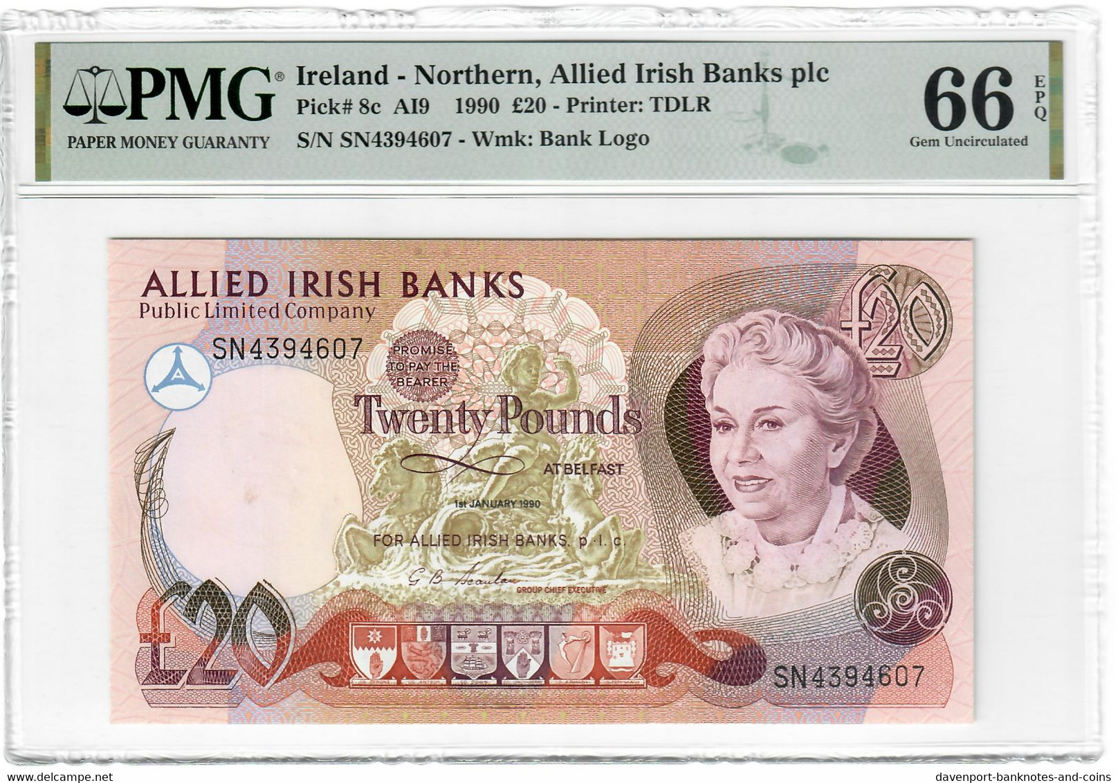 Northern Ireland 20 Pounds 1990 GEM UNC PMG Graded 66 EPQ - 20 Pounds