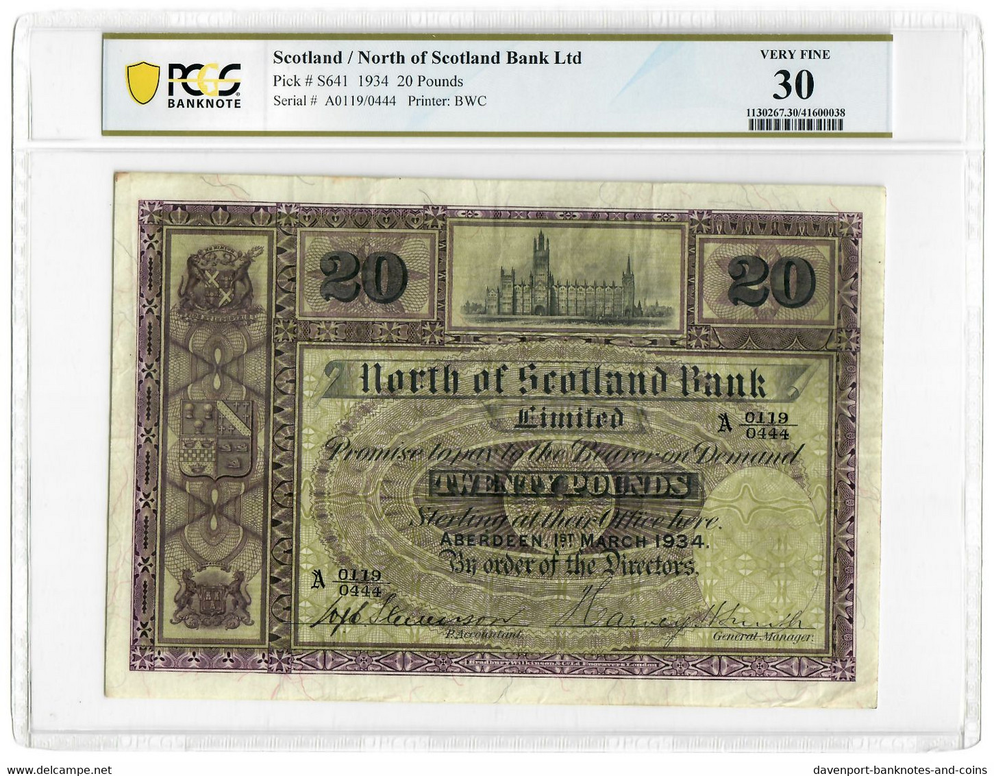 Scotland 20 Pounds 1934 VF North Of Scotland Bank PCGS Graded 30 - 20 Pounds