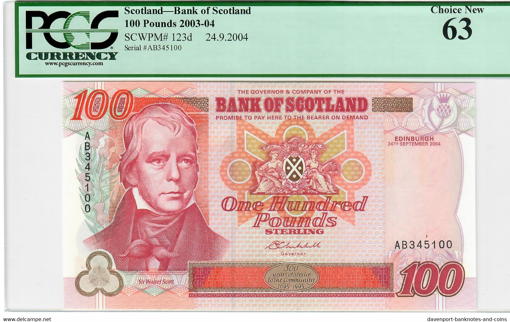 Scotland 100 Pounds 2004 Choice UNC Bank Of Scotland PMG Graded 63 - 100 Pond