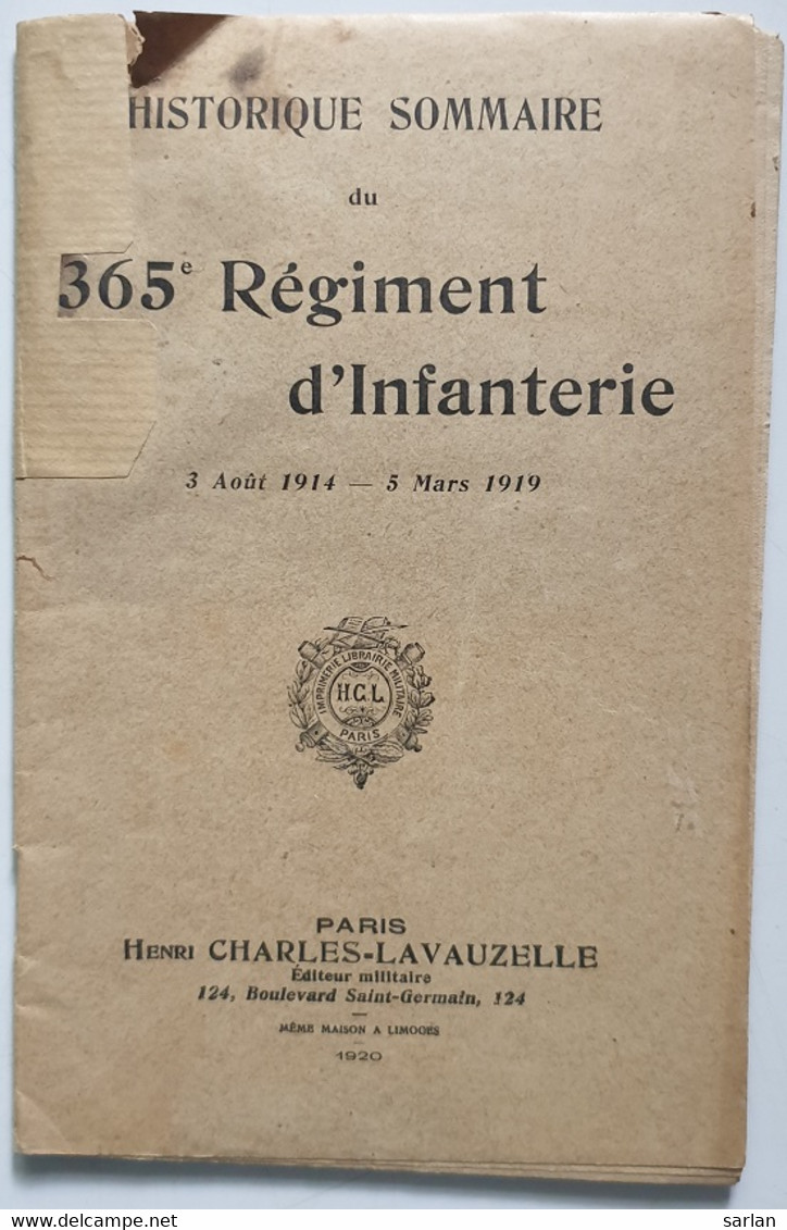 Historique Du 365e Régiment D'infanterie , * Livre 022 - France