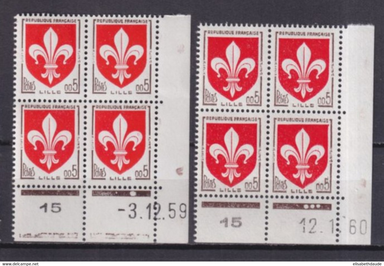 COINS DATES 1959/1960 - ARMOIRIES LILLE - YVERT N°1230 - BLOCS De 4 ** MNH - COTE = 40 EUR. - 1960-1969