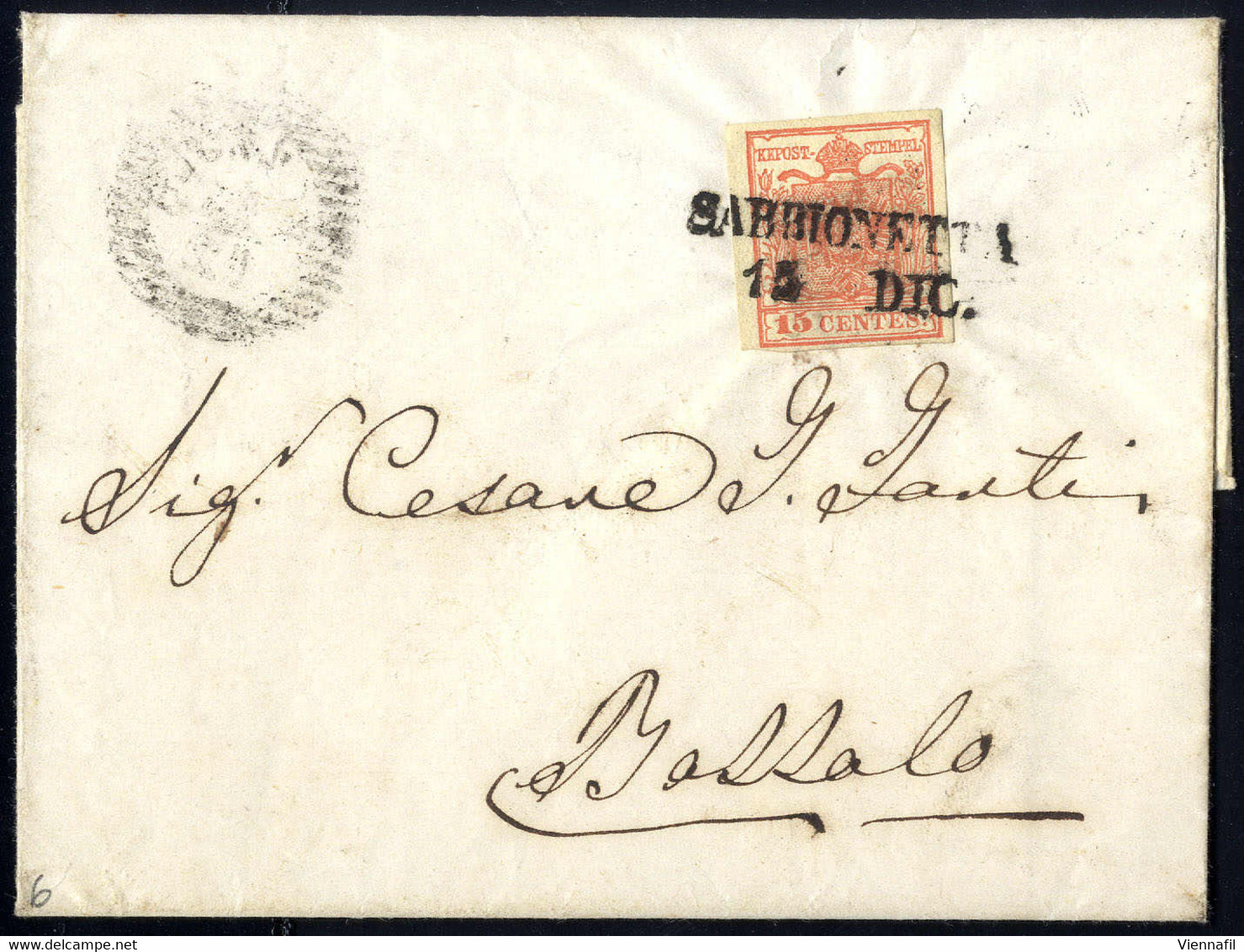 Cover "SABBIONETTA / 15 DIC.", Annullo SD Su 15 Cent. Rosso Su Lettera Per Bozzolo (Sass. 6 - 6P.) - Lombardo-Venetien