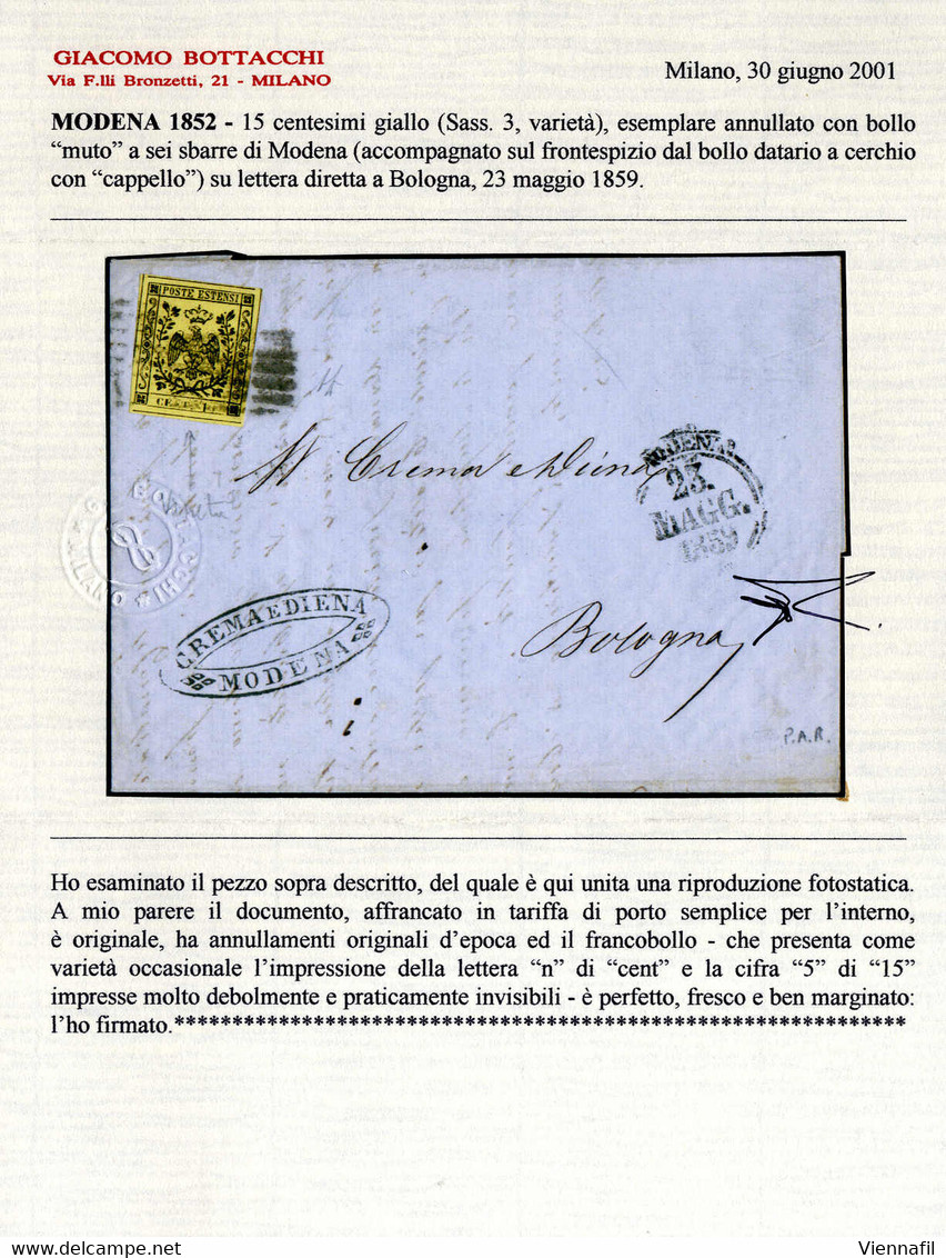 Cover 1859, Lettera Da Modena Il 23.5. Per Bologna Affrancata Con 15 C. Giallo Con Evidente Mancanza Della Stampa In Ner - Modena