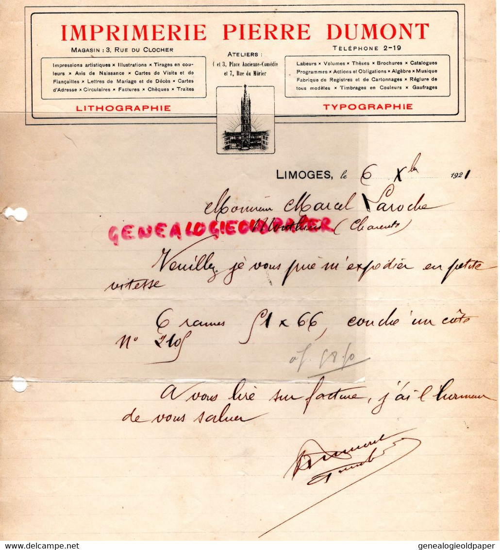 87- LIMOGES- RARE FACTURE IMPRIMERIE LITHOGRAPHIE-TYPOGRAPHIE PIERRE DUMONT - 3 RUE DU CLOCHER -1921 - Imprimerie & Papeterie