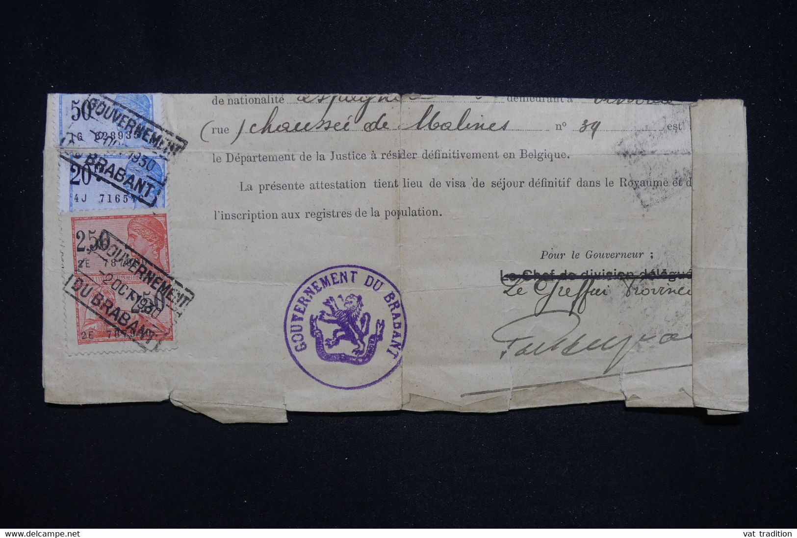 BELGIQUE - Fiscaux Sur Document ( Autorisation De Séjour Définitif ) Du Gouvernement Du Brabant En 1930 - L 130040 - Documents