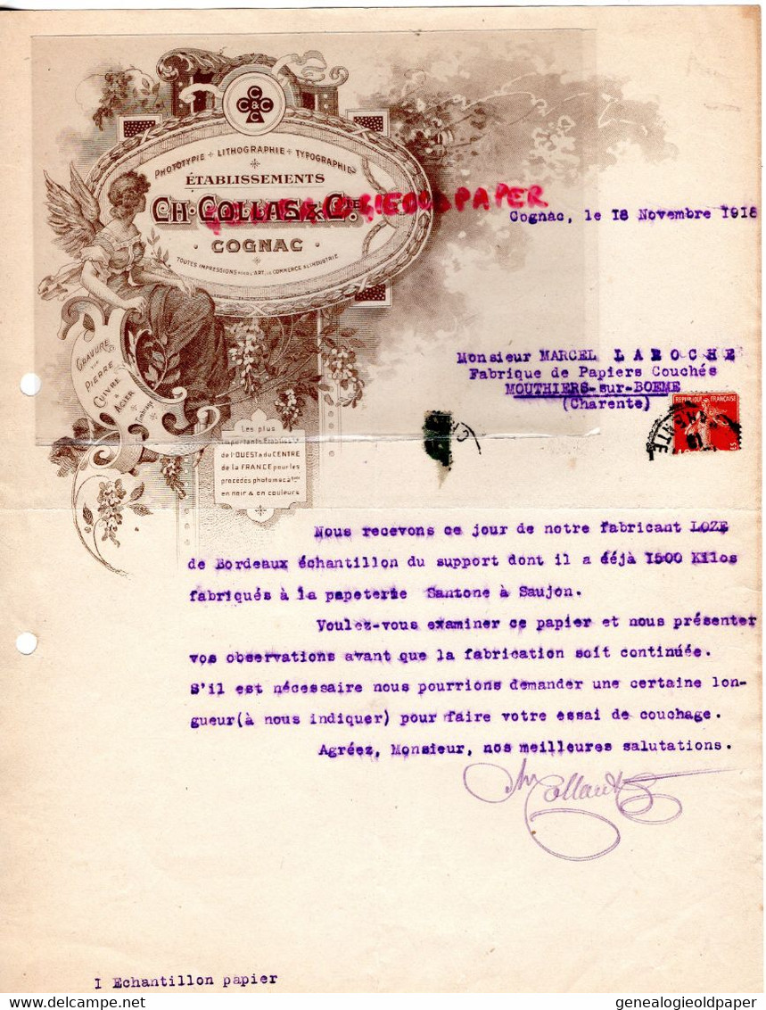 16- COGNAC- RARE LETTRE CH. COLLAS - IMPRIMERIE PHOTOTYPIE-TYPOGRAPHIE-EDITEUR CARTES POSTALES-MARCEL LAROCHE MOUTHIERS - Printing & Stationeries