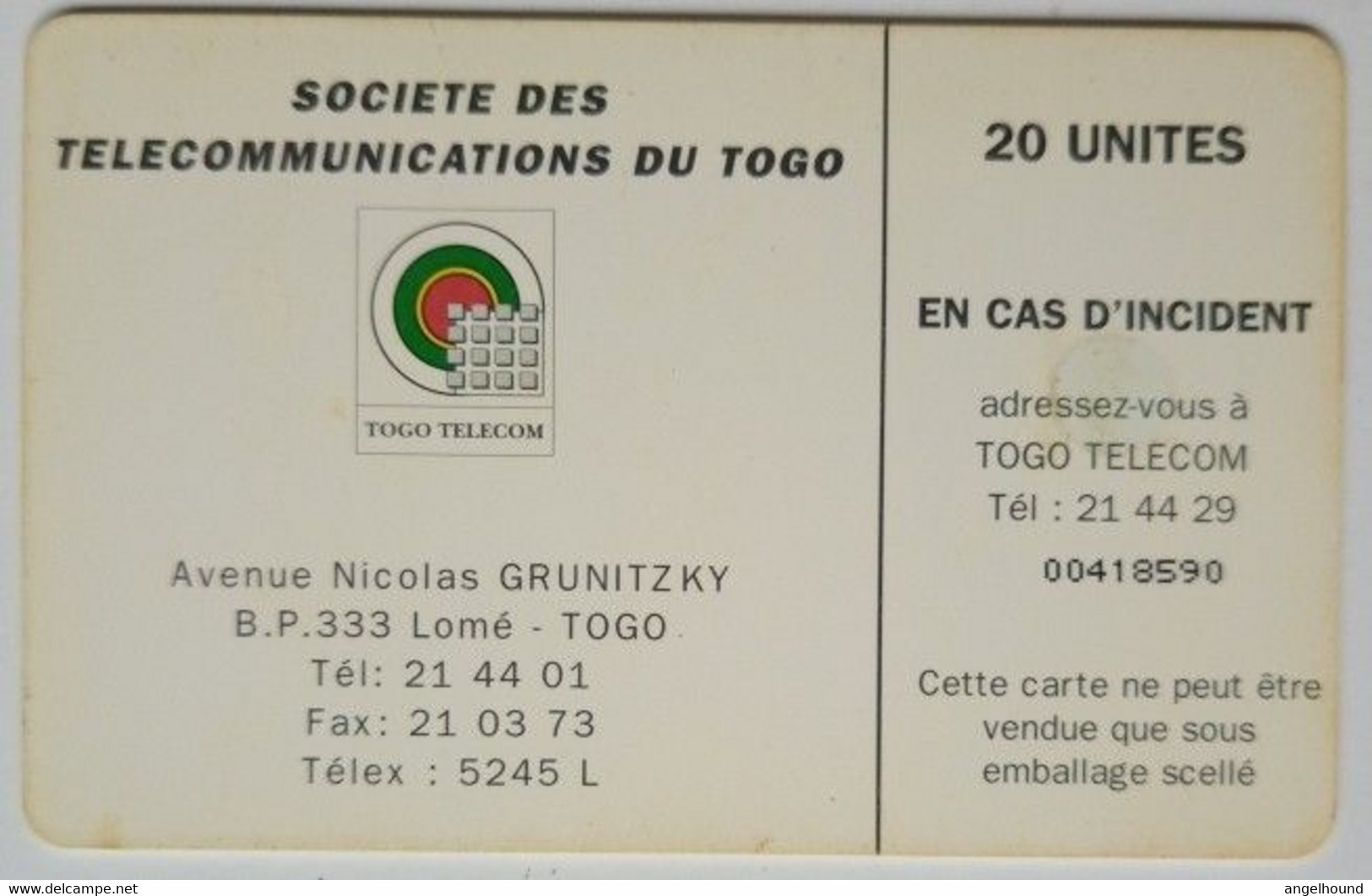 Togo 20 Units " Earth Station 20 ( Schlumberger Logo ) " - Togo