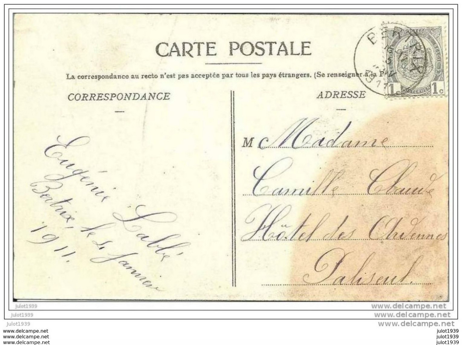 BERTRIX ---> 1911 Vers PALISEUL ( Mme Camille CLAUDE ) . Maison De RETRAITES . Vverso . - Bertrix