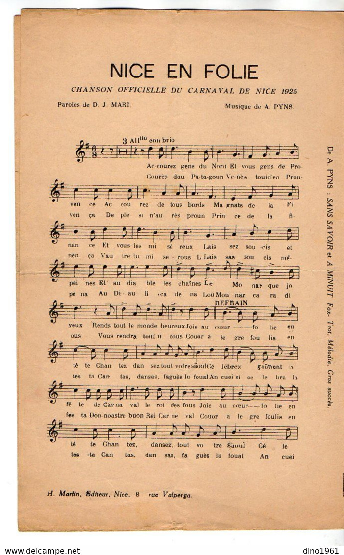 VP20.357 - NICE 1925 - Ancienne Partition Musicale ¨ Nice En Folie & Nice L'Enchantresse ¨ Paroles De D. J. MARI ..... - Partituren