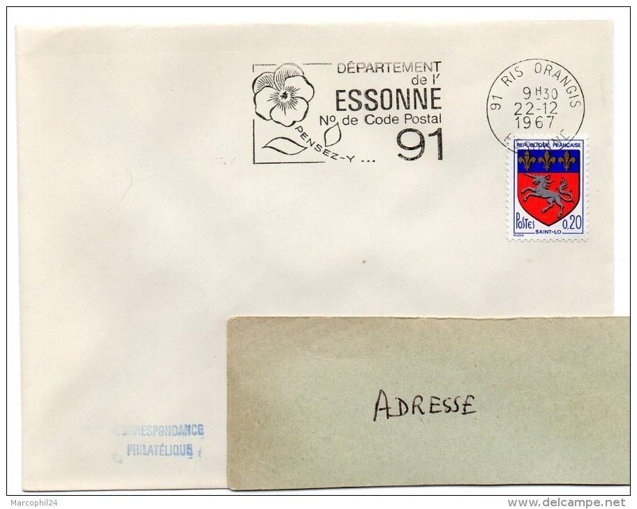 ESSONNE - Dépt N° 91 = RIS ORANGIS 1967 = FLAMME Codée SUPERBE = SECAP  ' N° De CODE POSTAL / PENSEZ-Y ' - Código Postal