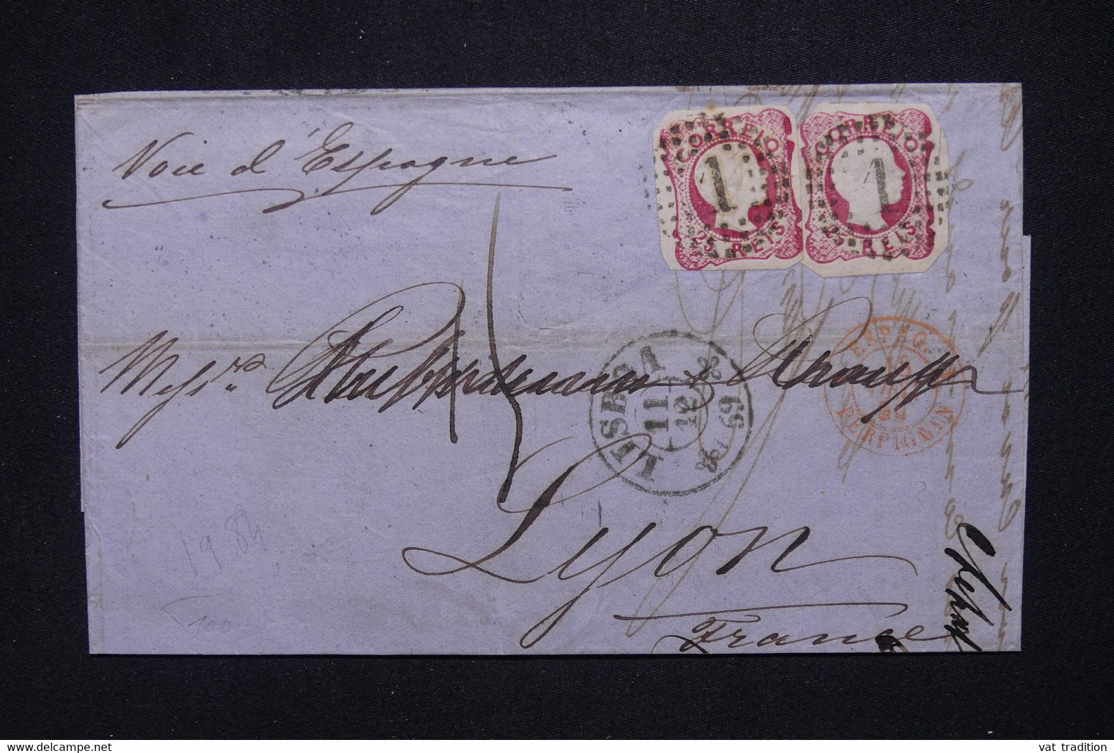 PORTUGAL - Lettre De Lisbonne Pour La France En 1859 Par Voie D'Espagne, Affranchissement ND 25r. X 2- L 130069 - Storia Postale