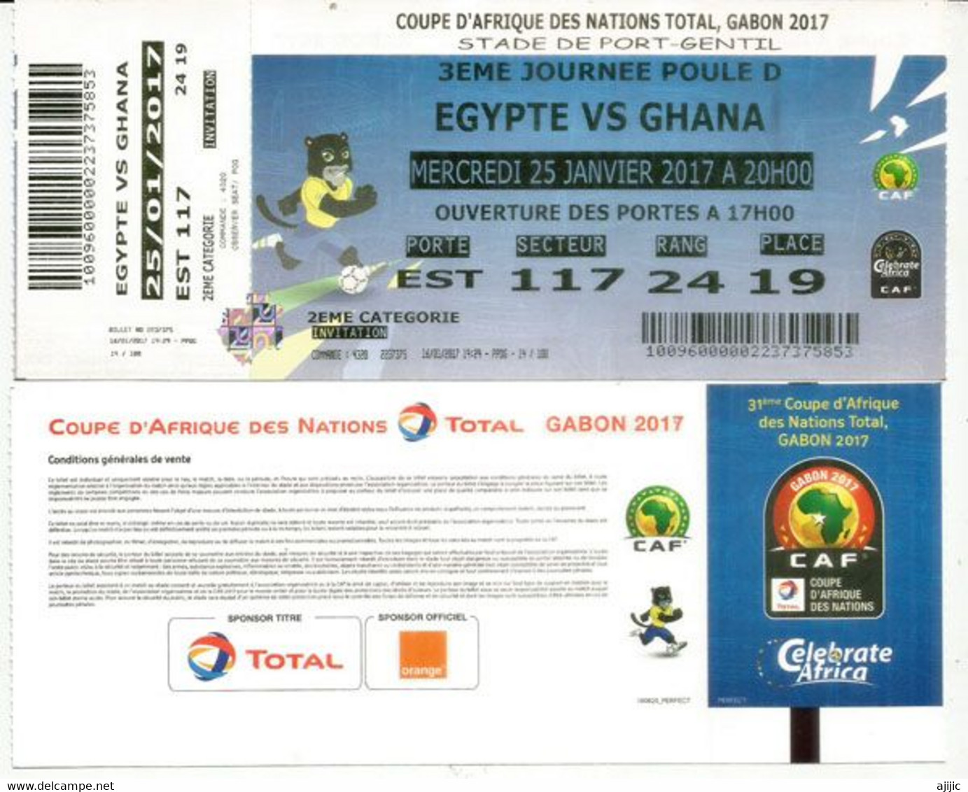 Football.Match EGYPT Vs GHANA.Ticket Coupe D'Afrique Des Nations Au Gabon, Stade De Port-Gentil. 25 01  2017,etat Neuf - Storia Postale