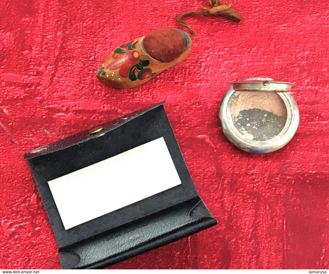 Vintage Poudrier En Métal + Miroir De Poche Pochette Cuir -☛Poudre De Riz-petit Sabot Miniature De Collection - Accessoires