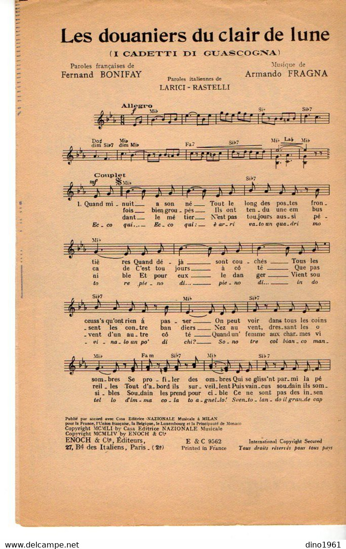 VP20.361 - PARIS - Ancienne Partition Musicale ¨ Les Douaniers Du Clair De Lune ¨ Paroles De F.BONIFAY / Musique FRAGNA - Noten & Partituren