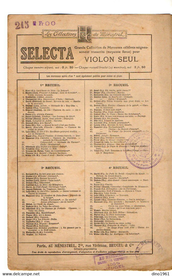 VP20.362 - PARIS - Ancienne Partition Musicale X 6 Pour Violon Ou Mandoline / Librairie R. BRUN à VICHY - Spartiti