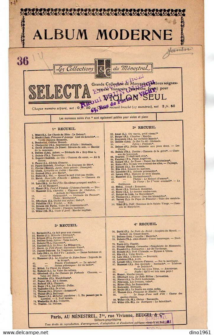 VP20.362 - PARIS - Ancienne Partition Musicale X 6 Pour Violon Ou Mandoline / Librairie R. BRUN à VICHY - Noten & Partituren