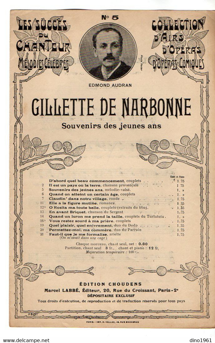 VP20.363 - PARIS X LIMOGES - Ancienne Partition Musicale ¨ Gillette De Narbonne ¨ De Edmond AUDRAN - Noten & Partituren