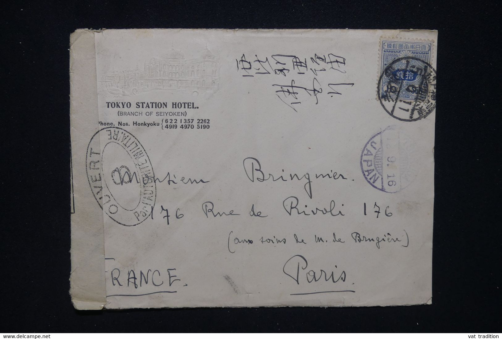 JAPON - Enveloppe De Tokyo (Ambassade De France)  Pour La France En 1916 Avec Contrôle Postal  - L 130091 - Lettres & Documents