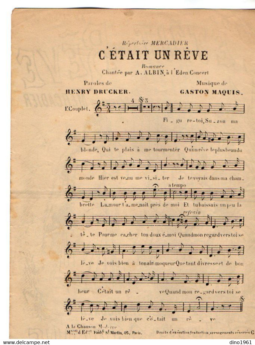 VP20.364 - PARIS X NANTES - Ancienne Partition Musicale ¨ C'était Un Rêve ¨ Paroles De H. DRUCKER / Musique De G. MAQUIS - Spartiti