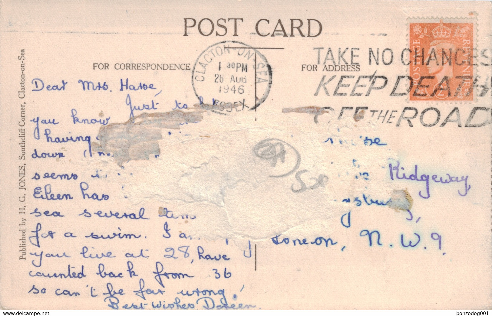 H.G. Jones Postcard Marine Parade West, Clacton-on-Sea, Essex. 1946 - Clacton On Sea