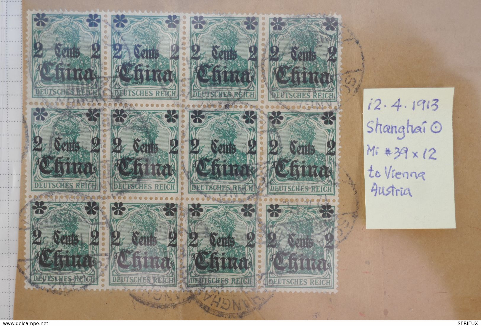 C   CHINA  BLOC DE 12 TP SUR LETTRE RARE RECOM.  1913 SHANGHAI  A  WIEN AUSTRIA  +AFFR.  PLAISANT - Altri & Non Classificati