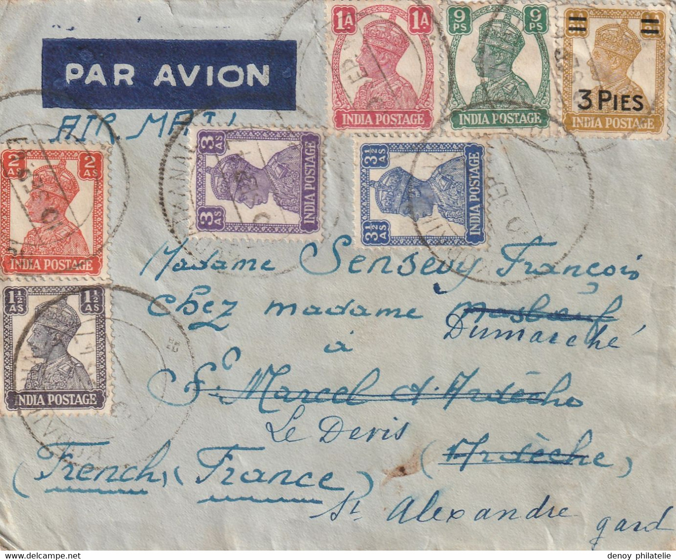 Lettre D Inde A Destination De La France Réexpédié - Trés Bel Affrancissement - 1936-47 Koning George VI