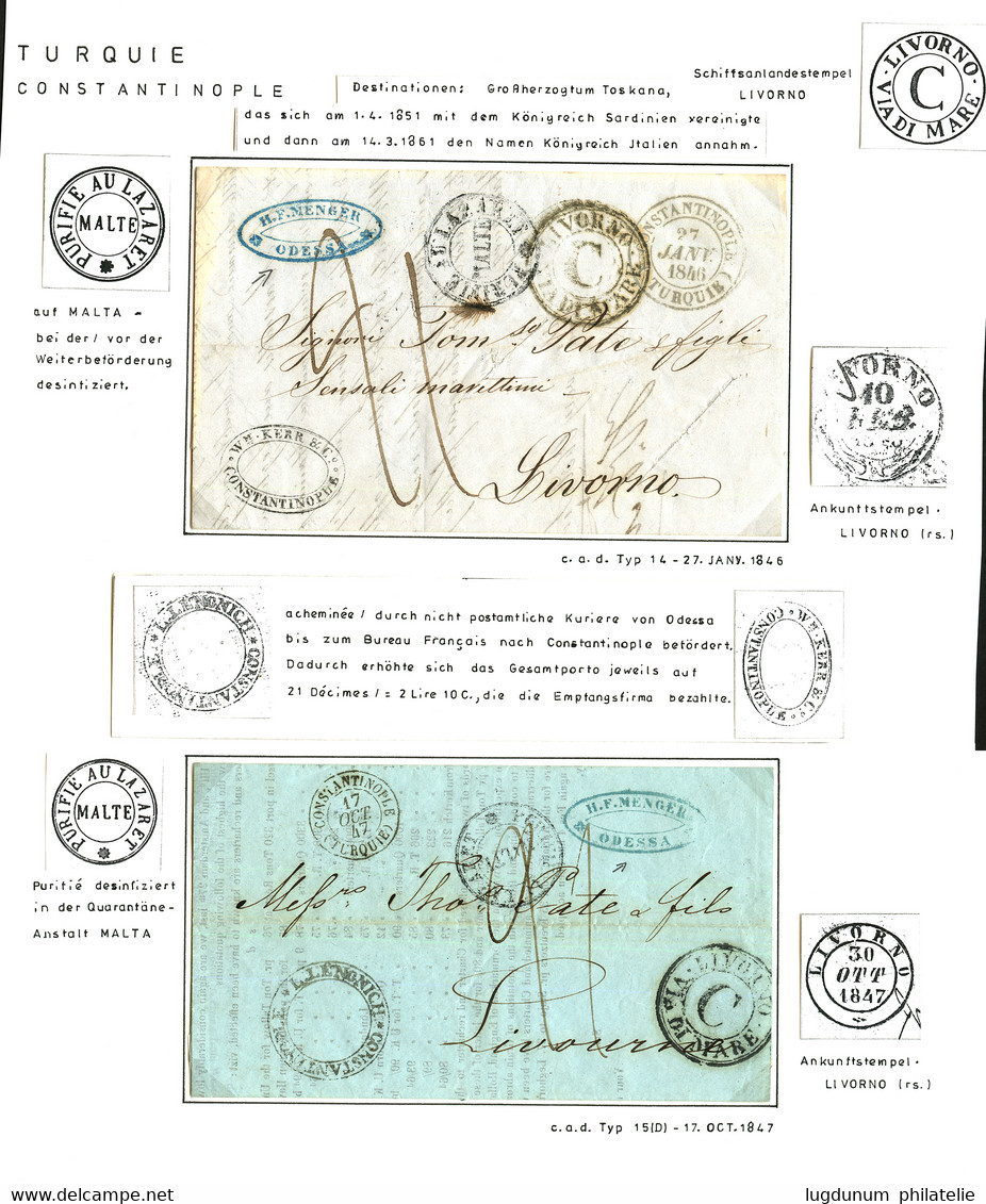 1846/47 2 Lettres Avec Texte D' ODESSA (RUSSIE) + CONSTANTINOPLE TURQUIE + LIVORNO VIA DI MARE / C + Achemineurs De CONS - Storia Postale