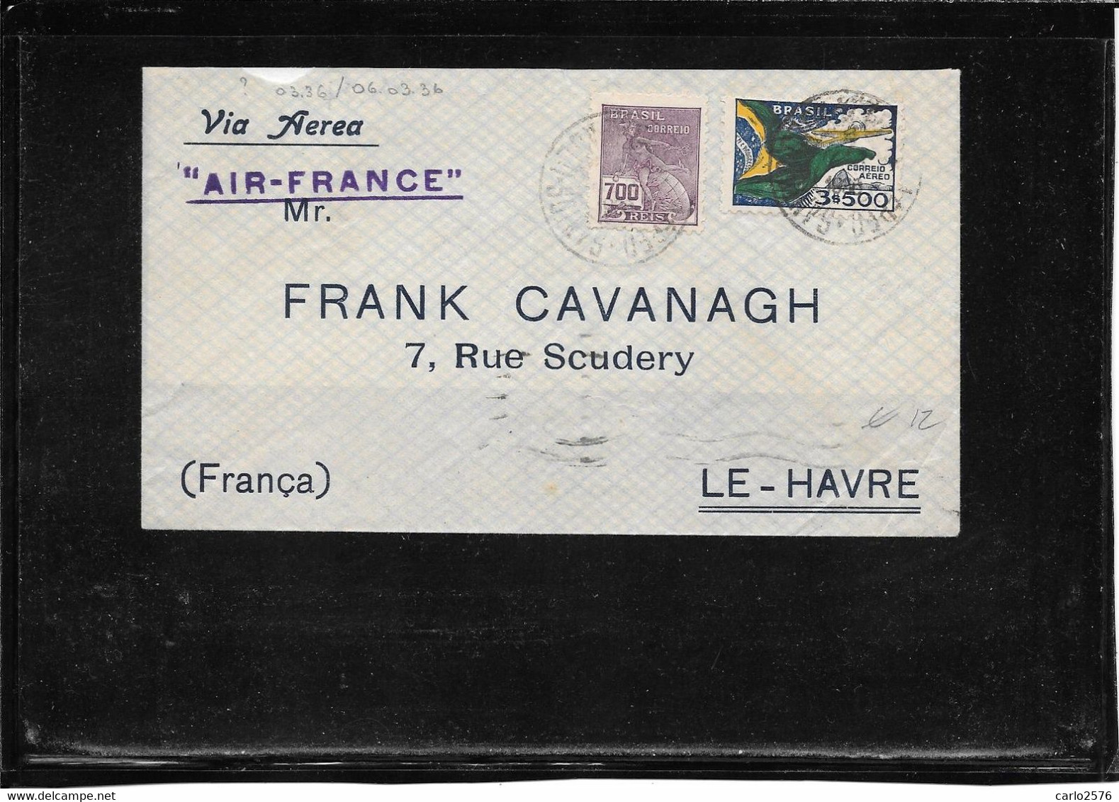 Brazil 1936 Air France Cover Santos To Le Havre ( Ref 2510f) - Covers & Documents