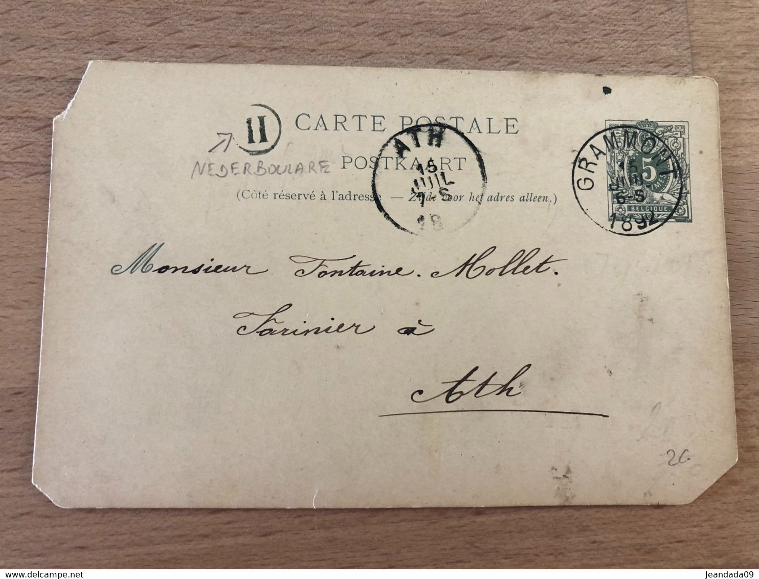 RR EP Coins Déchirés Nederboulare Boite H Grammont 15 Juillet 1892 -> Ath Cote Porignon 2800FB Soit 69€ - Landpost (Ruralpost)