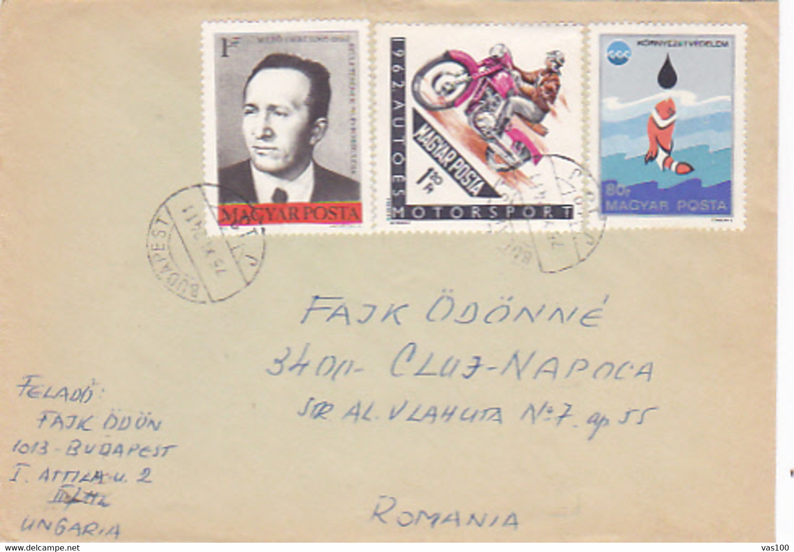 POLITICIAN, MOTORBIKE, ENVIRONMENT PROTECTION, FISH, STAMPS ON COVER, 1975, HUNGARY - Cartas & Documentos