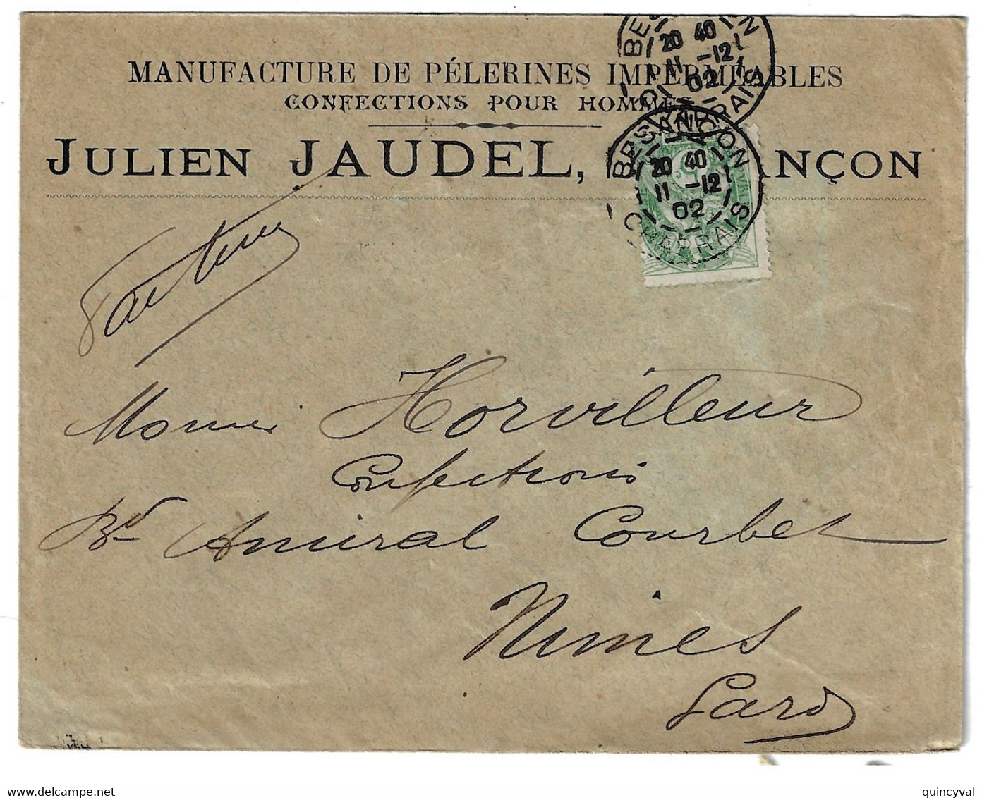 BESANCON Doubs Facture Entête Pèlerine Imperméable Julien JAUDEL 5c Blanc Yv 111 Ob 1902 Piquage Décalé 2 Haut Gauche - Lettres & Documents