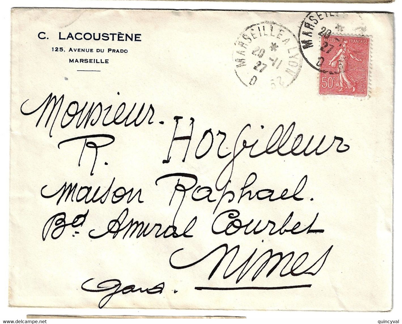 MARSEILLE A LYON 2° D Lettre Entête LACOUSTENE Av Prado 50c Semeuse Lignée Yv 199 Ob 20 11 1927 - Covers & Documents