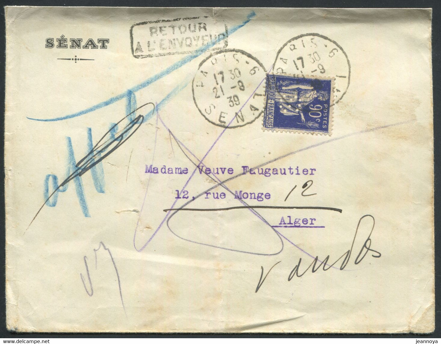 FRANCE - N° 368 PERFO " S " / LETTRE DU SENAT LE 21/9/1939 POUR ALGER - TB - Covers & Documents