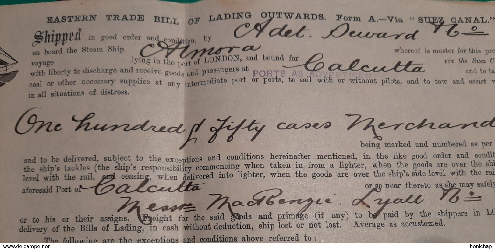 Lettre De Transport Maritime  " Suez Canal " - The Steam Ship ALMORA - London To Calcutta April 1880. - Royaume-Uni