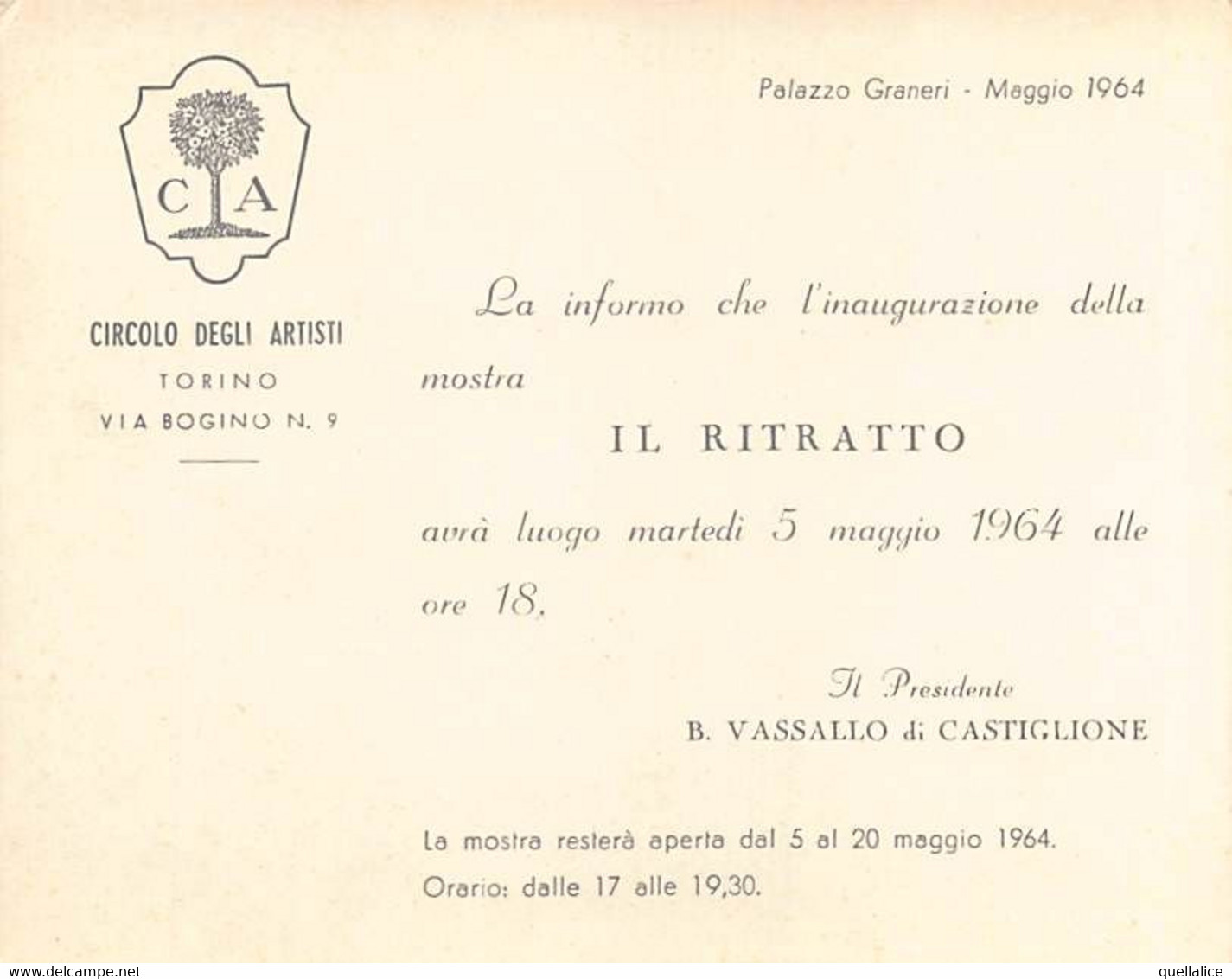 03798 "TORINO - CIRCOLO DEGLI ARTISTI - PALAZZO GRANIERI - MOSTRA - IL RITRATTO 1964" INVITO - DISEGNO - Other & Unclassified