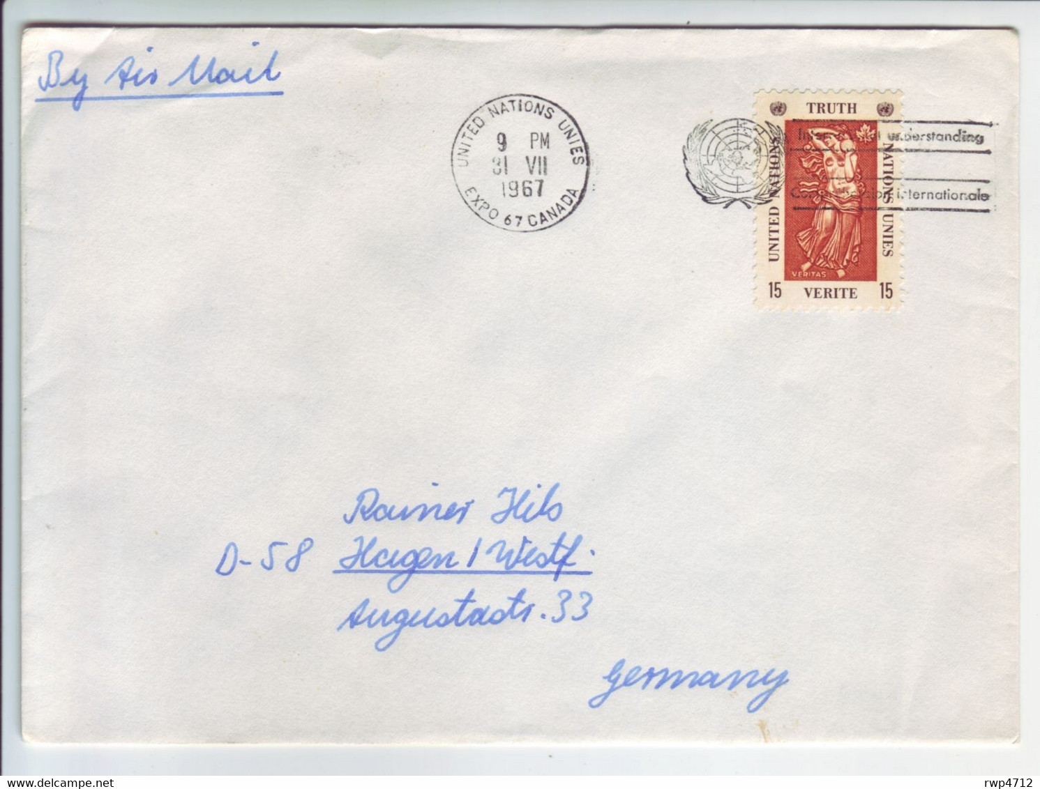 UNO Luftpostbrief  Airmail Cover  Lettre  EXPO 67 CANADA To Germany - Lettres & Documents